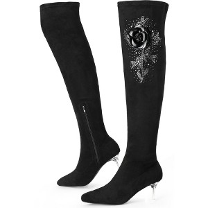 BLISSFUL STEP Women's Pointed Toe Stiletto Heel Rhinestone Flower Over the Knee High Dress Boots - 1 of 4
