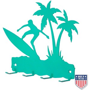 5 Star Super Deals Tropical Surfer Key Rack – Wall-Mounted Metal Organizer with Palm Tree Design, Teal Finish, Compact Hooks for Beach House Decor - 1 of 3