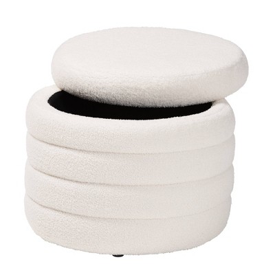 Ivory Boucle Round Storage Ottoman with Tufted Design