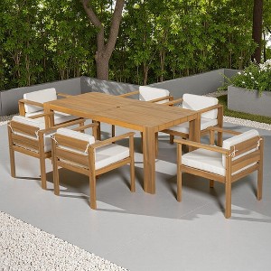 7-Piece Outdoor Patio Acacia Wood Dining Set with Umbrella Hole and 6 Cushioned Low Back Chairs - 1 of 4