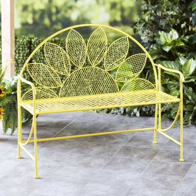 Lakeside Yellow Metal Sunflower Garden Bench - Outdoor Home Floral Accent