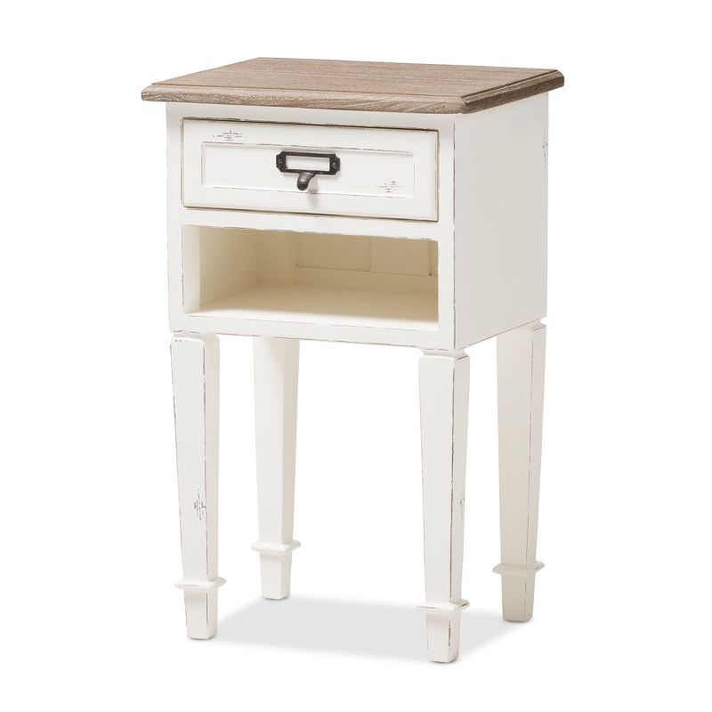 Dauphine 1 Drawer Provincial Style Oak and Distressed Finish Wood Nightstand White - Baxton Studio, 1 of 10