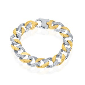 Metallo Mens Stainless Steel Two-Tone Gold Plated Pave Curb Link Bracelet - Gold - 8.5 Inch - 1 of 3