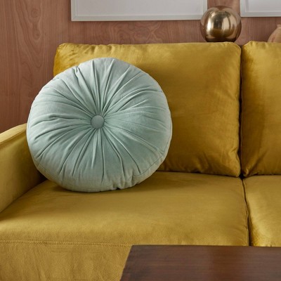 Celadon Round Gathered Velvet Throw Pillow, 16"
