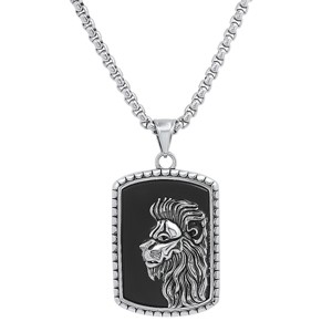 Steeltime 24" Men's stainless steel and tiger eye Lion head dog tag pendant. Color Options: Brown, Black - 1 of 4