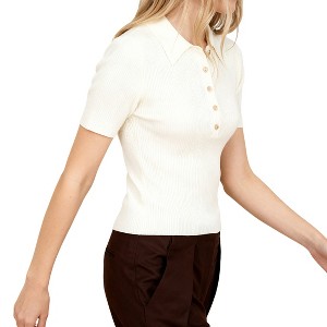 Women's Collared Short Sleeve Button Ribbed Knit Polo Top - 1 of 4