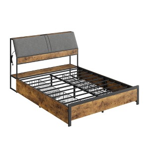 COZONY Upholstered Bed Frame with Storage Drawers, Built in USB Charging Ports Brown Finish - 1 of 4