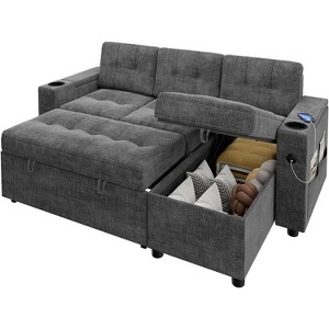 L-Shaped Sleeper Sofa Bed with Pull-Out Mattress, Storage Armrests, Cup Holders & USB, Space Saving Sectional Couch - 1 of 4