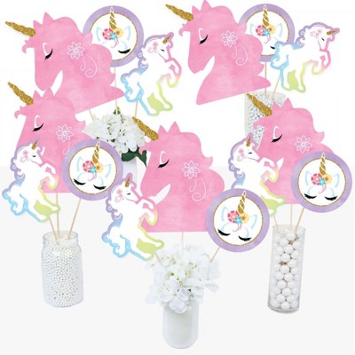 Big Dot of Happiness Rainbow Unicorn - Magical Unicorn Baby Shower or Birthday Party Centerpiece Sticks - Table Toppers - Set of 15