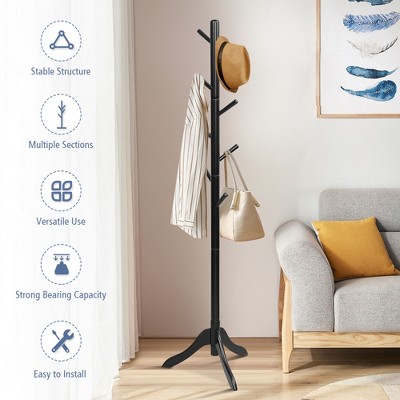 Black Rubber Wood Adjustable Height Coat Rack with 8 Hooks