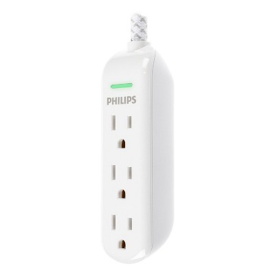 Philips 3-Outlet Surge Protector with 8ft Braided Extension Cord, Gray, White