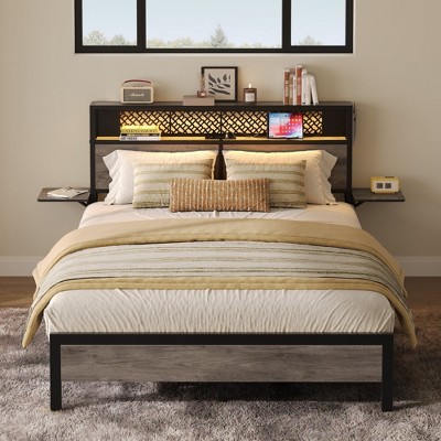 Bestier Full Size Platform Bed Frame with Wood Foldable Bedside Shelves and LED Storage Headboard Charge Station