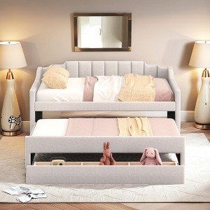 GDFStudio William Linen Twin Size Upholstered Daybed with Trundle and Three Drawers - 1 of 4