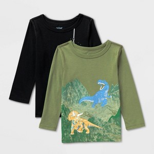 Toddlers 2pk Adaptive Long Sleeve 'Dino/Space' Graphic T-Shirt - Cat & Jack™ Bright Olive/Black - 1 of 3