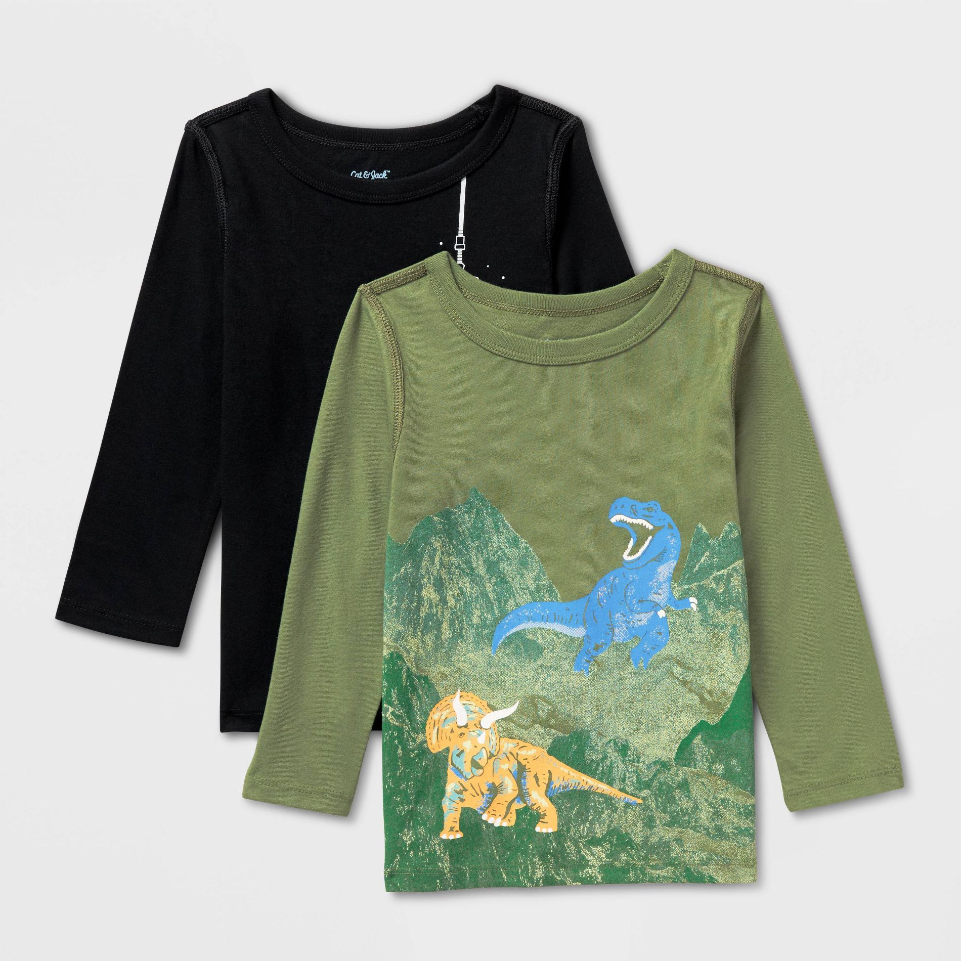 Toddlers 2pk Adaptive Long Sleeve 'Dino/Space' Graphic T-Shirt - Cat & Jack™ Bright Olive/Black 3T