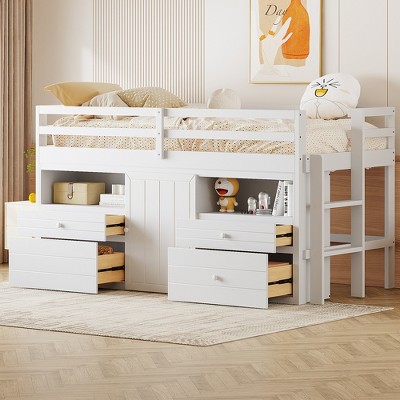 Twin Size Loft Bed With 4 Drawers, Underneath Cabinet And Shelves ...