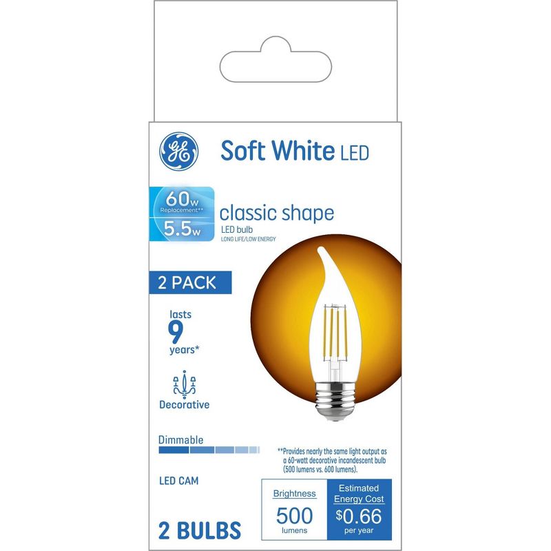 GE 2pk 5.5 Watts Soft White Medium Base LED Decorative Light Bulbs, 5 of 7