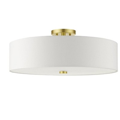 Satin Brass 5-Light Semi-Flush Drum Ceiling Fixture with Off-White Shade