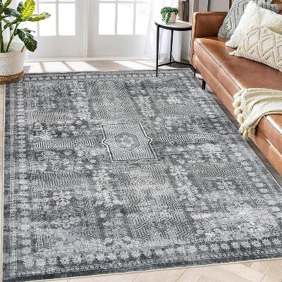 Gray Washable Rug 8x10,Low Pile Vintage Floral Accent Carpet, Non-Slip, Stain-Resistant, Non-Shedding,Foldable Retro Indoor Rug for Nursery/Bedroom