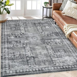 Gray Washable Rug 8x10,Low Pile Vintage Floral Accent Carpet, Non-Slip, Stain-Resistant, Non-Shedding,Foldable Retro Indoor Rug for Nursery/Bedroom - 1 of 4