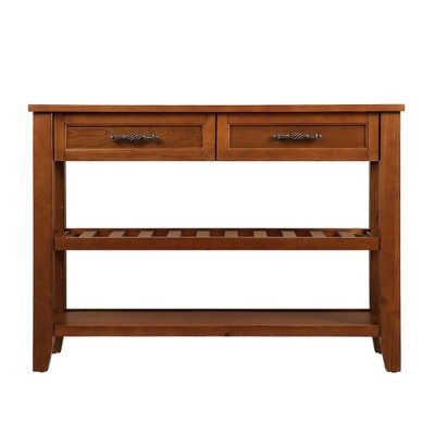 Hostack 42'' Console Table with 2 Storage Drawers and 2 Tiers Shelves for Living and Dining Room, Brown