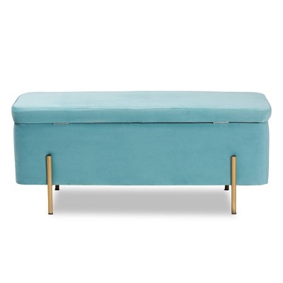 Sky Blue Velvet and Gold Metal Storage Bench