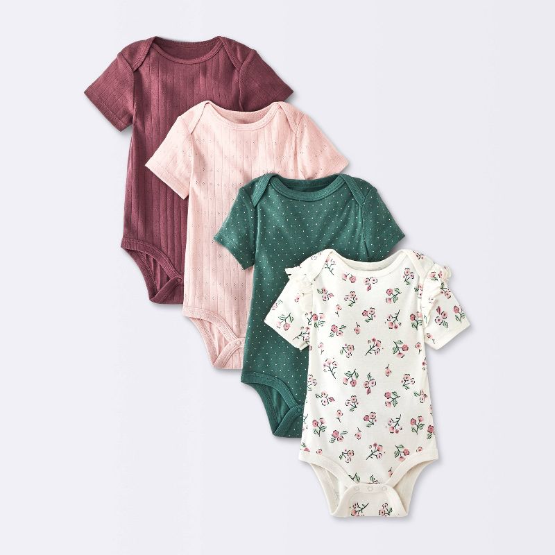 Baby Girls' 4pk Floral Pindot Pointelle Short Sleeve Bodysuits - Cloud Island™ Pink/green/burgundy Newborn