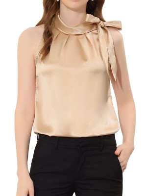 INSPIRE CHIC Women's Elegant Satin Sleeveless Bow Tie Mock Neck Solid Work Blouse