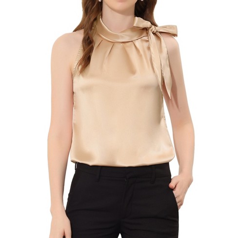 Allegra K Women's Elegant Satin Sleeveless Bow Tie Mock Neck Solid