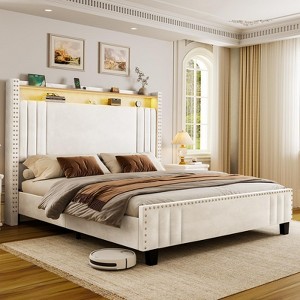 Queen/King Bed Frame Upholstered Headboard & LED Charging Station in Velvet - Hausource™ - 1 of 4