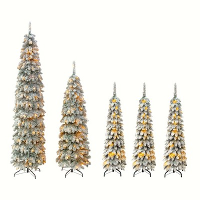 8FT/6FT/4FT Pre-Lit Pencil Christmas Trees Set of 5, Snow-Flocked Slim Design, 1820 Tips, 350 LED Lights, 11 Modes, Perfect Xmas Holiday Decoration