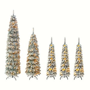 8FT/6FT/4FT Pre-Lit Pencil Christmas Trees Set of 5, Snow-Flocked Slim Design, 1820 Tips, 350 LED Lights, 11 Modes, Perfect Xmas Holiday Decoration - 1 of 4