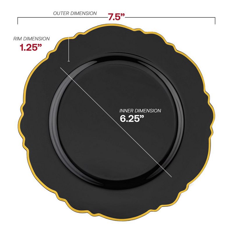 Smarty Had A Party 7.5" Black with Gold Rim Round Blossom Disposable Plastic Appetizer/Salad Plates (120 Plates), 3 of 8