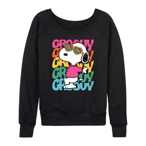 Women's - Peanuts - Groovy Stacked Lightweight French Terry Wide Neck Long Sleeve Shirt - 1 of 4
