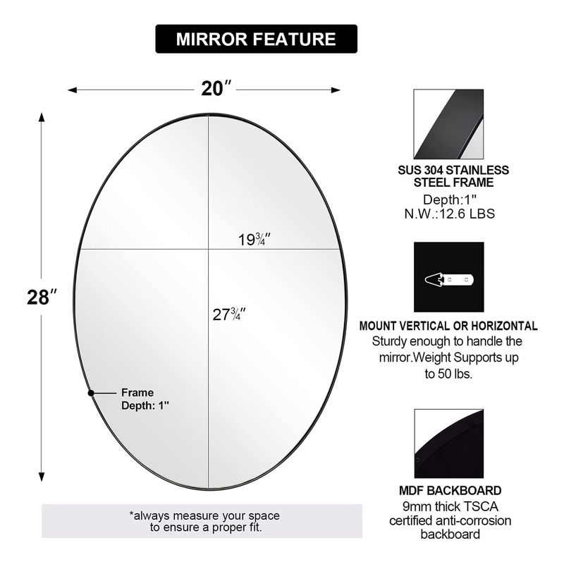 ANDY STAR Modern Decorative 20 x 28 Inch Oval Wall Mounted Hanging Bathroom Vanity Mirror with Stainless Steel Metal Frame, Matte Black, 4 of 7