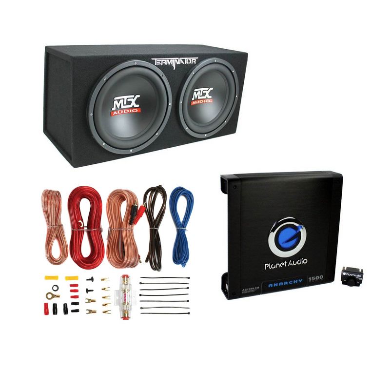 MTX TNE212D 12" 1200W Dual Loaded Car Subwoofers + Box + Planet 1500W Amp + Kit, 1 of 7