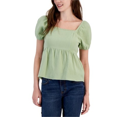 Hippie Rose Womens Puff Sleeve Textured Baby Doll Blouse, Green, Medium
