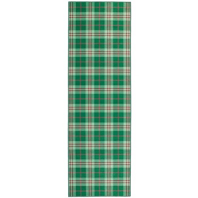 Green and Red Plaid Washable Synthetic Runner Rug 2'6" x 6'
