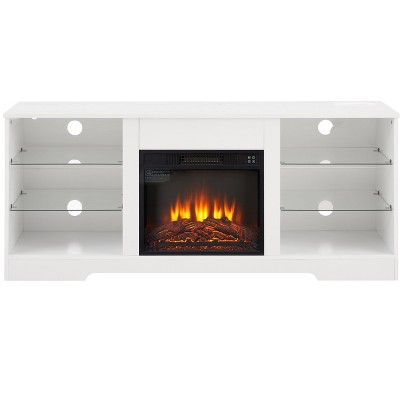 NicBex Fireplace TV Stand with 6-Tier Glass Storage Shelves Freestanding Heater Stove Fireplace TV Stand with LED Lights & USB Charging Outlet