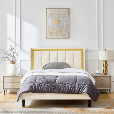 Queen Size Bed Frame Upholstered Platform with Headboard and Strong Wooden Slats,Non-Slip and Noise-Free,No Box Spring, Easy Assembl y (White, Queen )