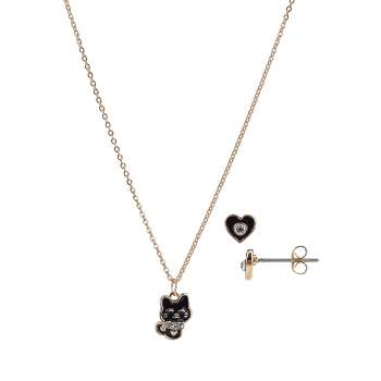 FAO Schwarz Gold Tone Kitty Necklace and Earring Set