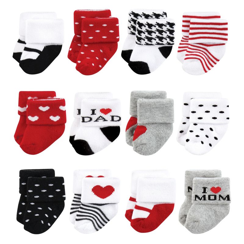 Hudson Baby Infant Girl Cotton Rich Newborn and Terry Socks, Mom and Dad Girl Red Black, 1 of 10