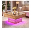 Farmhouse LED Coffee Tables Square Center Table With 2 Drawers Storage For Living Room Home Decor Brown - 2 of 4
