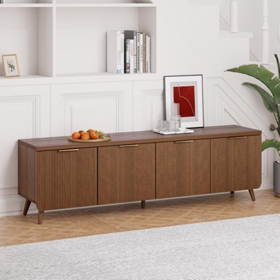 GlasFlength Decorative Storage Cabinets TV Stand, Mid-Century Modern Four Door Cabinet Storage for Living Room Bedroom, Dark Brown 59.1"*13.8"*17.7"