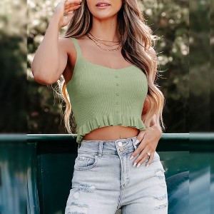 Womens Ruffle Hem Knit Camisole Tank Tops with Front Button V Neck and Cropped Design,Green - XL - 1 of 4