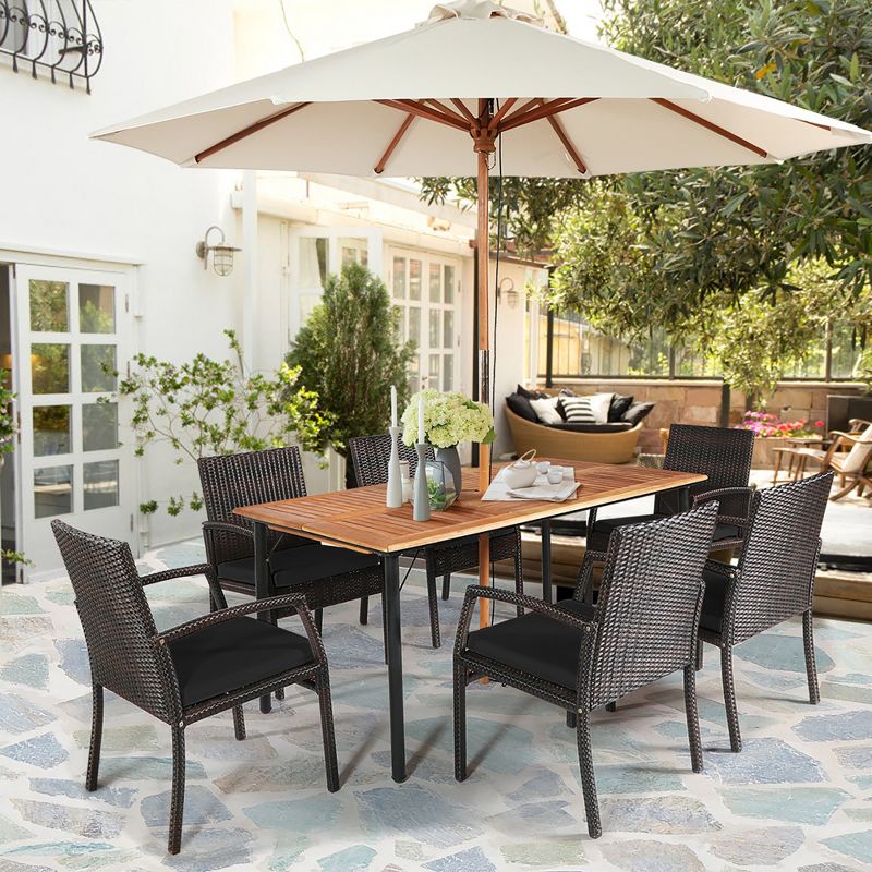 Costway 7PCS Patio Rattan Dining Chair Table Set with  Cushion Umbrella Hole Black/Navy, 2 of 10