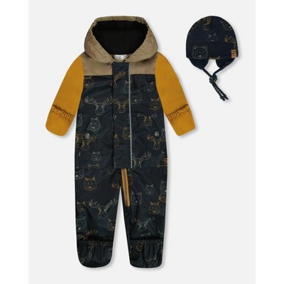 Deux par Deux Boy Baby Printed Mid-Season One-Piece Outerwear with Hat Beige Animals on Black Background