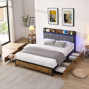 Okak Queen Size Bed Frame, Storage Headboard with Charging Station and 4 Storage Drawers,LED Lights, Brown and Gray - 1 of 4