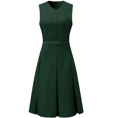 INSPIRE CHIC Women's Round Neck Sleeveless Zip Front Belted Fit Flare Work Dresses