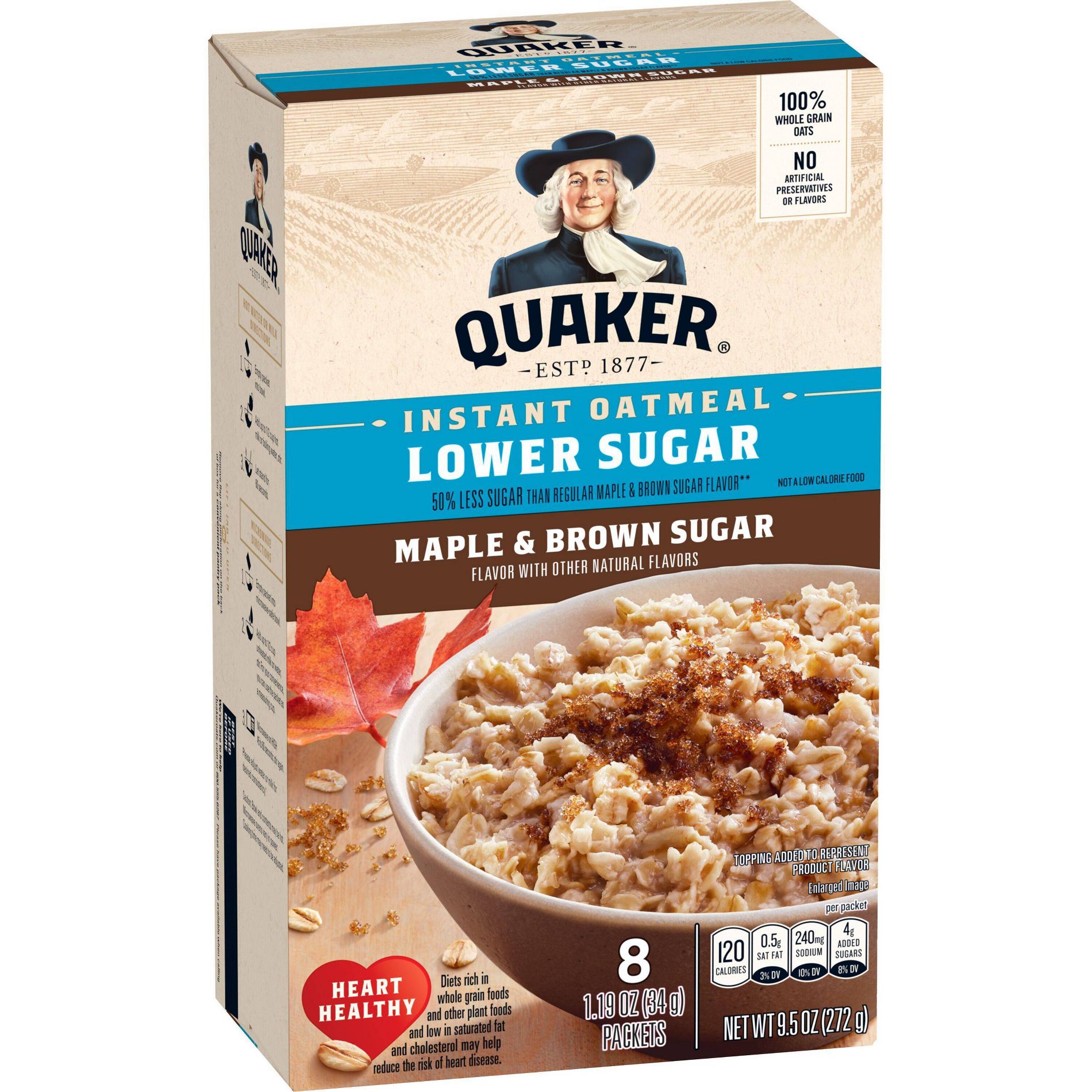 Quaker Low Sugar Instant Oatmeal Maple Brown Sugar - 9.5oz/8ct: No Artificial Preservatives, No Artificial Flavors, Whole Grain
